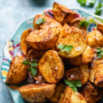 Crispy golden air fryer potato wedges garnished with fresh parsley on a colorful plate