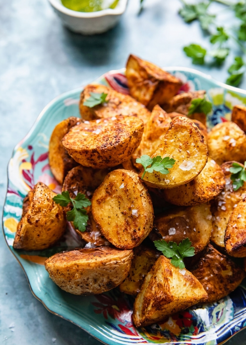 Crispy Air Fryer Potatoes Recipe – The Best Easy Homemade Potatoes From Scratch Crispy golden air fryer potato wedges garnished with fresh parsley on a colorful plate