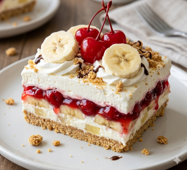A delicious slice of No-Bake Banana Split Cake with graham cracker crust, cream cheese layer, fresh bananas, pineapple, and cherries on top