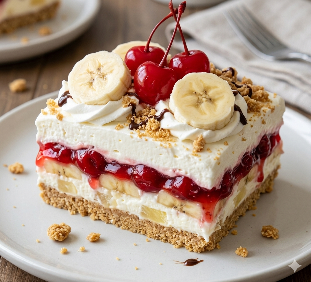 A delicious slice of No-Bake Banana Split Cake with graham cracker crust, cream cheese layer, fresh bananas, pineapple, and cherries on top