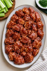 Raw chicken bites coated in honey BBQ sauce glaze on a platter, ready for the air fryer.