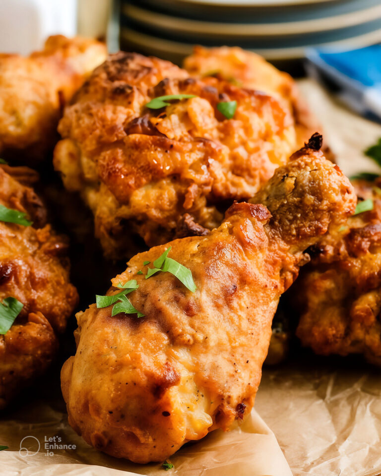 This Air Fryer Fried Chicken Is a Total Game Changer (Crispy, Juicy, & Zero Mess!) A plate of golden brown, extra crispy air fryer fried chicken thighs and drumsticks served with a side of coleslaw.
