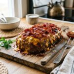 Homemade classic meatloaf topped with melted cheddar cheese and crispy crumbled bacon served on a wooden cutting board.