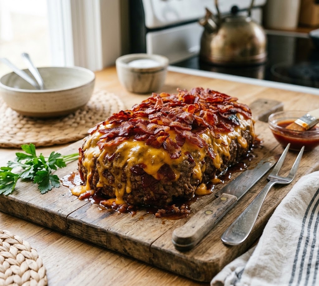 The Ultimate Classic Meatloaf Recipe with Bacon and Cheddar Homemade classic meatloaf topped with melted cheddar cheese and crispy crumbled bacon served on a wooden cutting board.