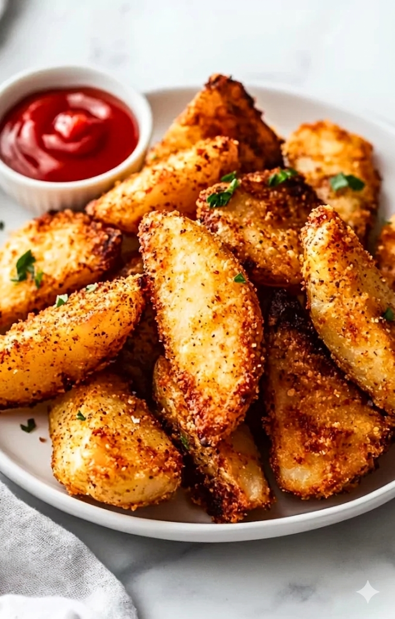 The Ultimate Extra Crispy Air Fryer Potato Wedges Golden brown extra crispy air fryer potato wedges served with ketchup garnish with parsley