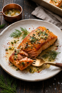A single flaky garlic butter baked salmon fillet on a white artisanal plate with a fork