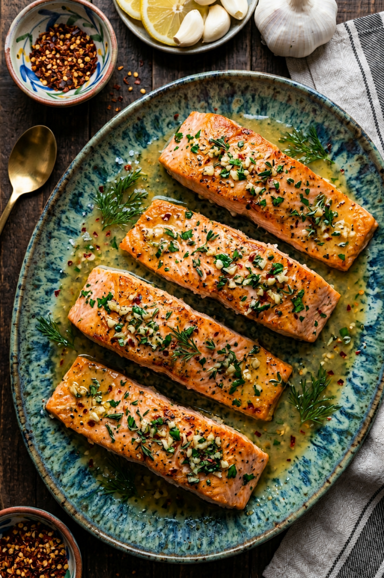 The Best Garlic Butter Baked Salmon: A 25-Minute Elegant Dinner Four baked salmon fillets drenched in garlic butter sauce and fresh dill on a white platter
