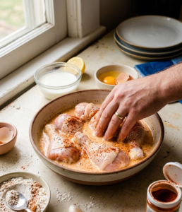 A close-up shot of the double-dredging process for air fryer fried chicken, showing a hand dipping a chicken drumstick into seasoned flour and buttermilk mixture