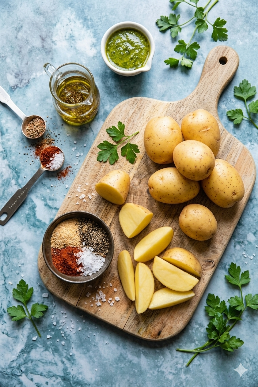 Crispy Air Fryer Potatoes Recipe – The Best Easy Homemade Potatoes From Scratch Raw Yukon Gold potatoes cut into wedges on a wooden cutting board with spices and olive oil