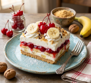 Close-up photography of a decadent slice of No-Bake Banana Split Cake served on a rustic blue plate, showing layers of graham cracker crust, cream cheese, and fruits, with whole cherries and walnuts in the background.