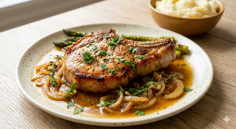 Grandfather’s Tender Pork Chops: The Ultimate Simple Spring Dinner Thick-cut seared pork chops covered in caramelized onion gravy and fresh parsley in a skillet.