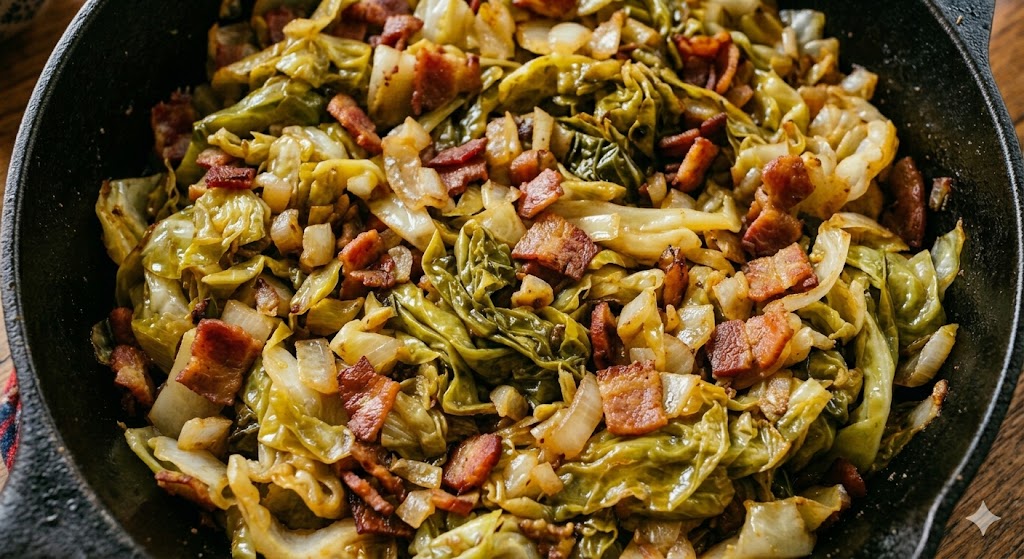 Southern Fried Cabbage Recipe (With Bacon!) A top-down photographic view of Southern fried cabbage with crispy bacon, onions, and garlic served in a black cast iron skillet.