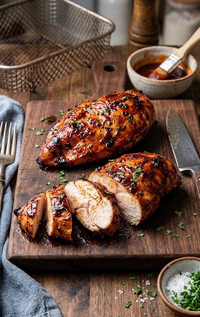 Juicy Air Fryer BBQ Chicken Breast (In Under 20 Minutes!) Juicy Air Fryer BBQ Chicken Breast sliced on a wooden cutting board, slathered in sticky barbecue sauce and garnished with fresh parsley.