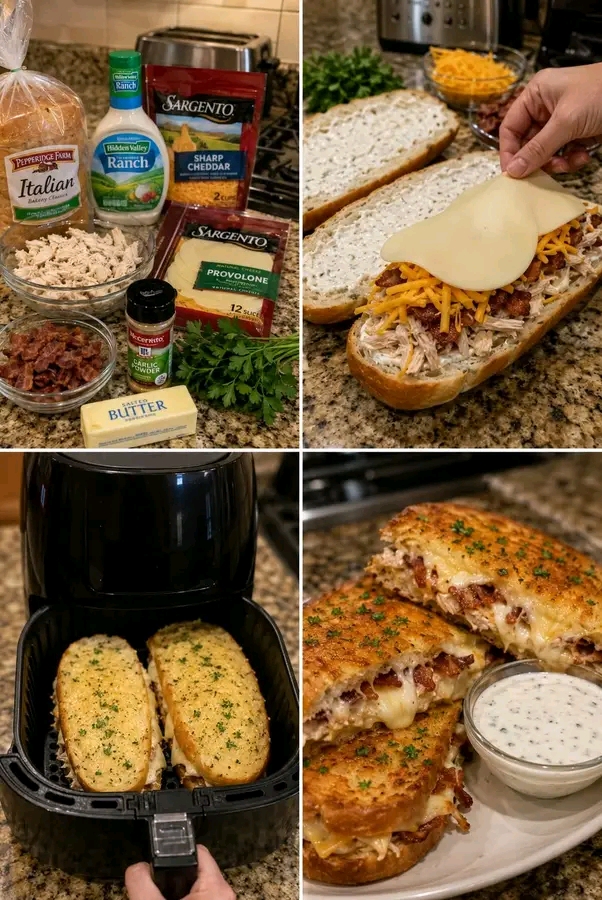 Step-by-step process of making an air fryer chicken bacon ranch melt sandwich, showing ingredients, assembly with cheese, and the final crispy toasted sandwich.