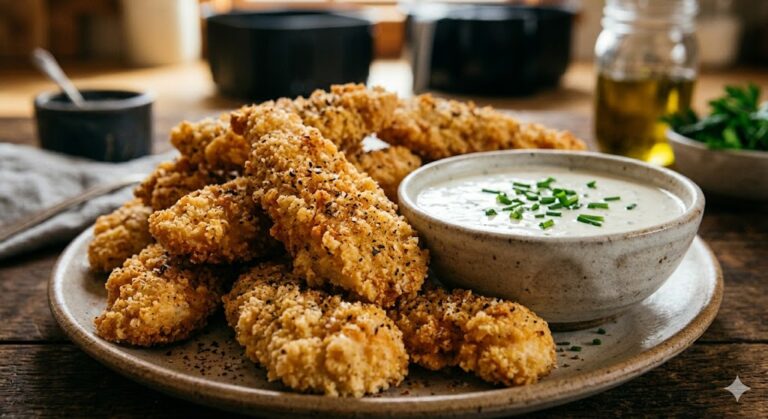 Close-up shot of golden, extra crispy air fryer chicken tenders served on a plate with a side of creamy white dipping sauce.