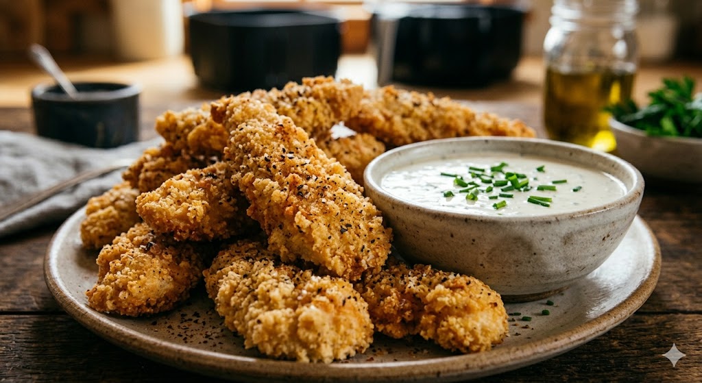 Close-up shot of golden, extra crispy air fryer chicken tenders served on a plate with a side of creamy white dipping sauce.