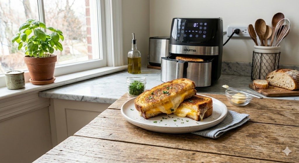 A rustic kitchen countertop featuring a freshly made air fryer grilled cheese sandwich cut in half on a white plate, showcasing melted gooey cheese, with a digital air fryer, butter, and a basil plant in the background.