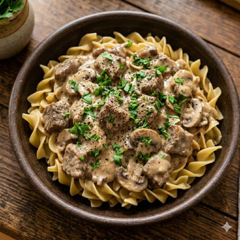 A top-down view of a rustic ceramic bowl filled with creamy slow cooker beef stroganoff served over tender egg noodles, garnished with fresh chopped parsley and surrounded by herbs and spices on a wooden table.