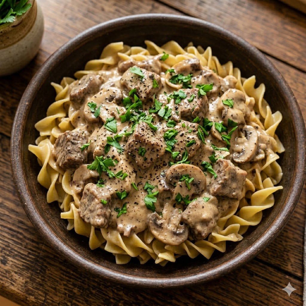 Best Ever Slow Cooker Beef Stroganoff (Easy & Creamy!) A top-down view of a rustic ceramic bowl filled with creamy slow cooker beef stroganoff served over tender egg noodles, garnished with fresh chopped parsley and surrounded by herbs and spices on a wooden table.