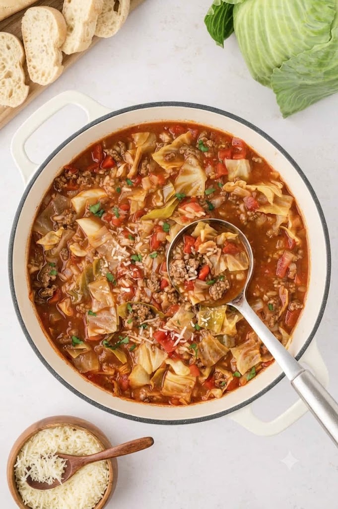 Cozy One-Pot Cabbage Roll Soup (Easy Unstuffed Recipe!) Homemade cabbage roll soup simmering in a white Dutch oven with a ladle, topped with grated Parmesan cheese and chopped parsley, served with crusty bread.