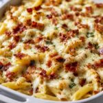 Creamy Chicken Bacon Ranch Baked Penne topped with crispy bacon and melted mozzarella cheese.