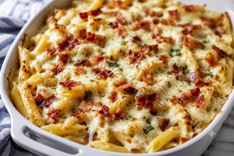 Chicken Bacon Ranch Baked Penne Creamy Chicken Bacon Ranch Baked Penne topped with crispy bacon and melted mozzarella cheese.