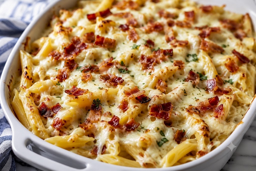 Creamy Chicken Bacon Ranch Baked Penne topped with crispy bacon and melted mozzarella cheese.