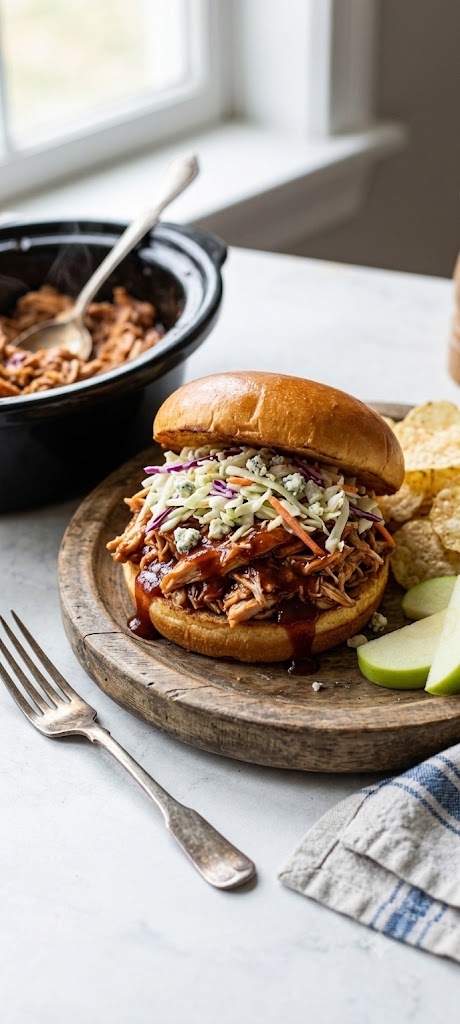 Cozy Crockpot BBQ Pulled Chicken (Super Tender & Juicy) Crockpot BBQ pulled chicken sandwich with coleslaw on a