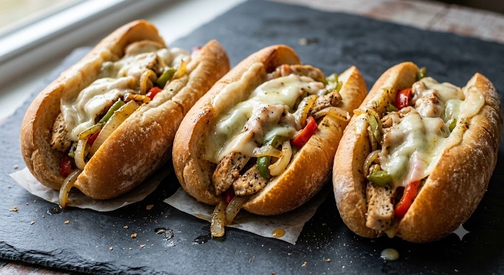 A close-up photograph of three warm hoagie rolls filled with juicy sliced chicken, caramelized onions, green bell peppers, red bell peppers, and topped with melted, gooey provolone cheese. A perfect 30-minute weeknight dinner.