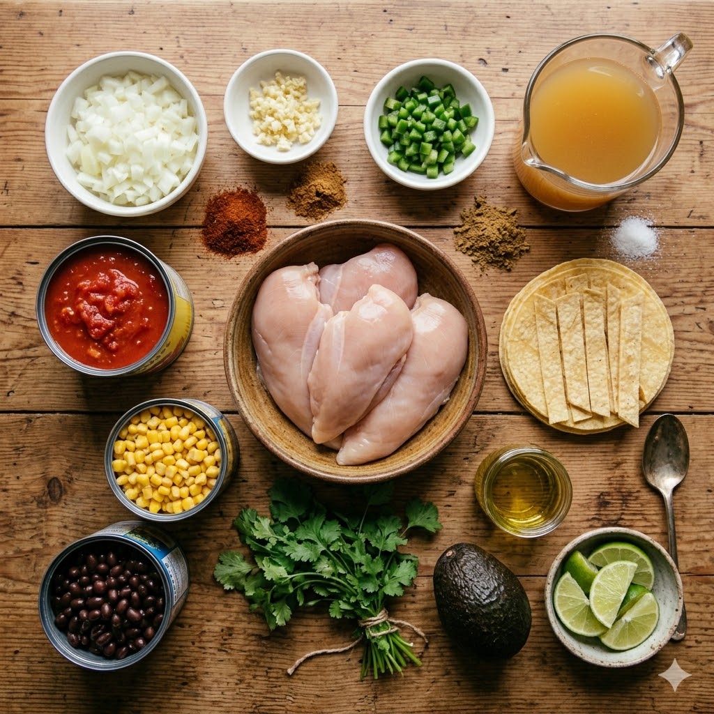 Easy One-Pot Chicken Tortilla Soup (45-Minute Recipe) Fresh ingredients for chicken tortilla soup arranged on a wooden table, including raw chicken breasts, black beans, corn, diced onions, jalapeños, spices, lime, cilantro, and corn tortillas.