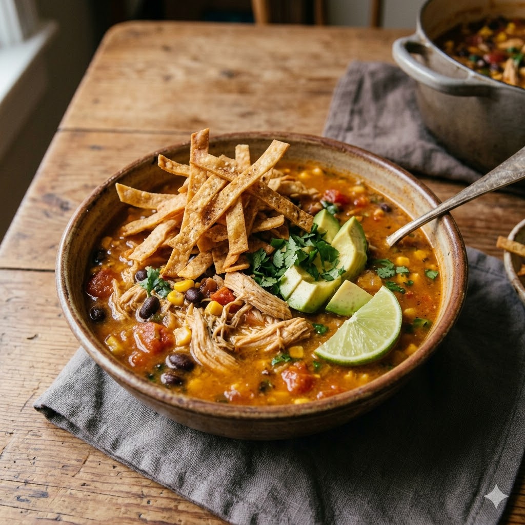 Easy One-Pot Chicken Tortilla Soup (45-Minute Recipe) A warm bowl of homemade easy one-pot chicken tortilla soup topped with crispy tortilla strips, diced avocado, and a lime wedge.