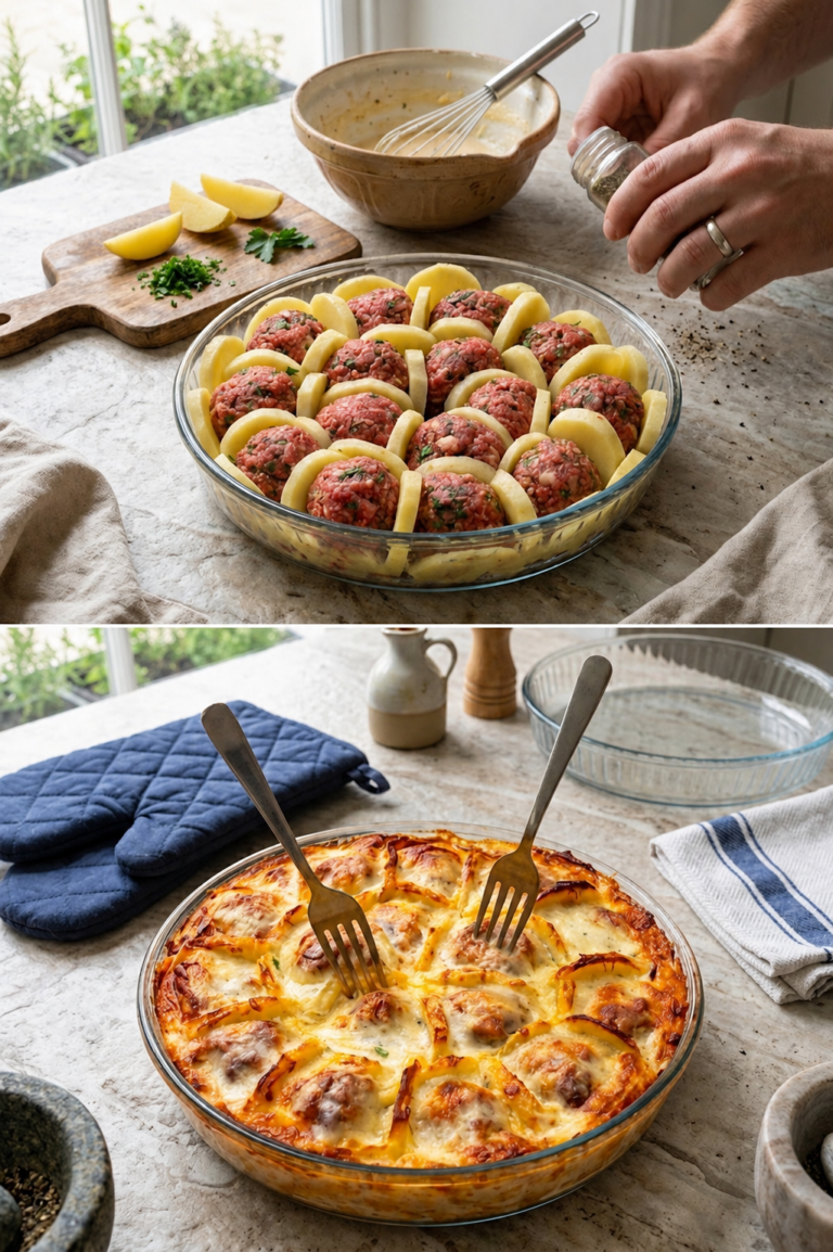 Baked potato slices with beef meatballs and melted cheese casserole