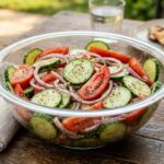 large glass bowl of fresh vinegar cucumber tomato salad with red onions, served on a rustic wooden patio table for a summer BBQ backyard dinner