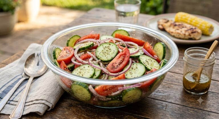 large glass bowl of fresh vinegar cucumber tomato salad with red onions, served on a rustic wooden patio table for a summer BBQ backyard dinner