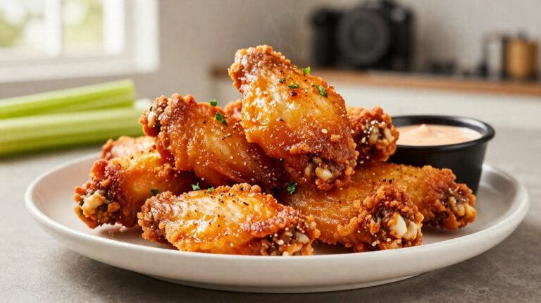 Golden crispy air fryer frozen chicken wings served on a plate with dipping sauce.