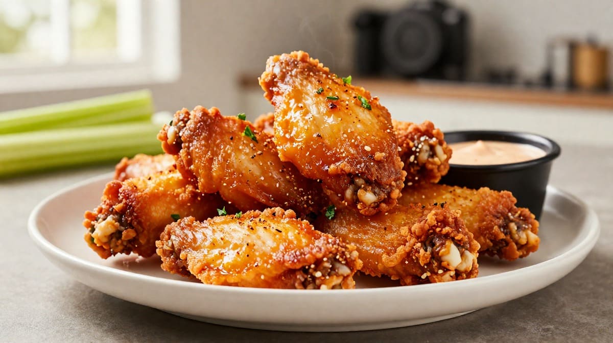Crispy Air Fryer Frozen Chicken Wings Golden crispy air fryer frozen chicken wings served on a plate with dipping sauce.