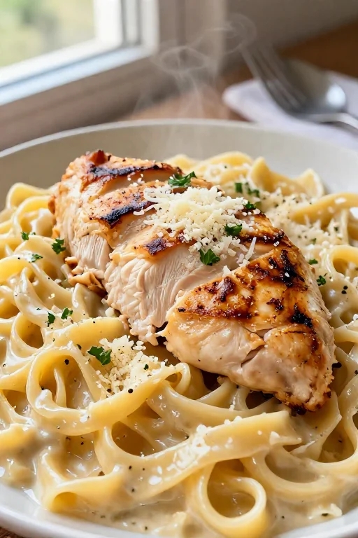 A close-up vertical shot of Creamy Garlic Parmesan Chicken Alfredo pasta topped with sliced grilled chicken breasts, grated parmesan cheese, and fresh parsley on a plate.