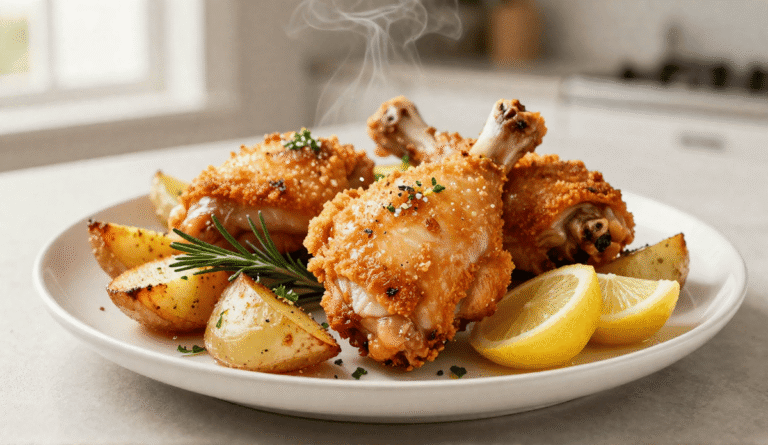 Crispy air fryer chicken thighs with roasted potatoes on a white plate with lemon slices and rosemary.