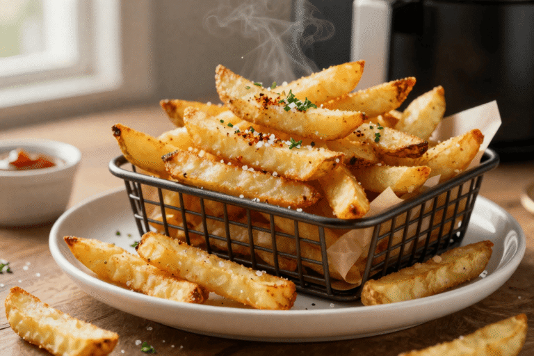 Crispy homemade Air Fryer French Fries served in a basket with sea salt and fresh parsley.