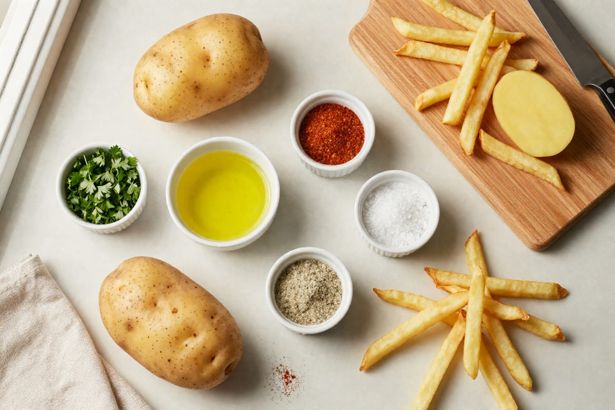 Ingredients for homemade Air Fryer French Fries, including Russet potatoes, olive oil, paprika, salt, black pepper, and fresh parsley.