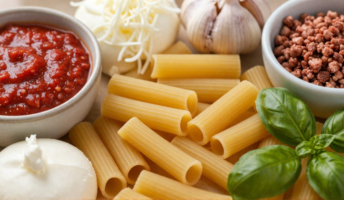The Ultimate Cozy Baked Ziti (Your New Favorite Family Dinner!) Flat-lay of fresh baked ziti ingredients including uncooked rigatoni pasta, marinara sauce, mozzarella and ricotta cheese, ground beef, garlic, and fresh basil leaves.