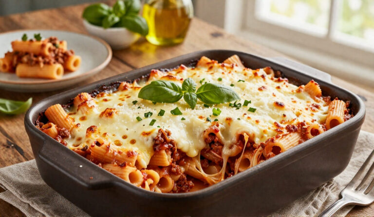 A close-up of cheesy baked ziti casserole fresh out of the oven, showing bubbling melted mozzarella and rich meat sauce.