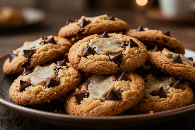 A close up stack of fresh baked, chewy chocolate chip cookies with melted chocolate pools on a rustic plate ready to eat