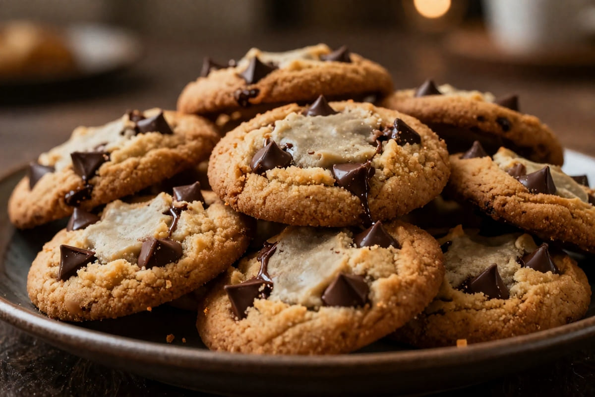 A close up stack of fresh baked, chewy chocolate chip cookies with melted chocolate pools on a rustic plate ready to eat