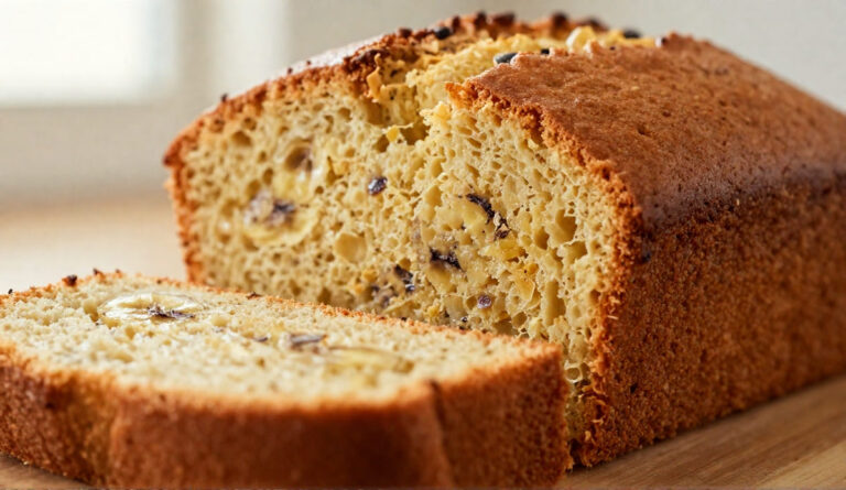 A freshly sliced loaf of the best moist banana bread on a wooden cutting board.