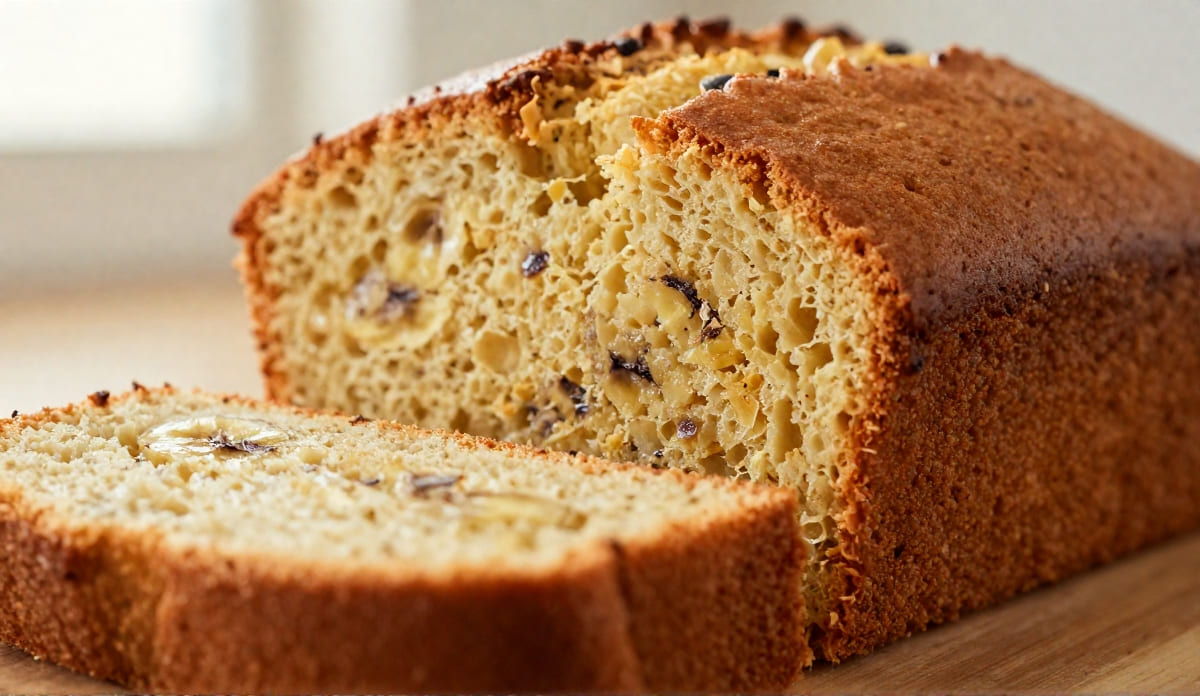 The Absolute Best Banana Bread Recipe (Ultra-Moist & Easy!) A freshly sliced loaf of the best moist banana bread on a wooden cutting board.