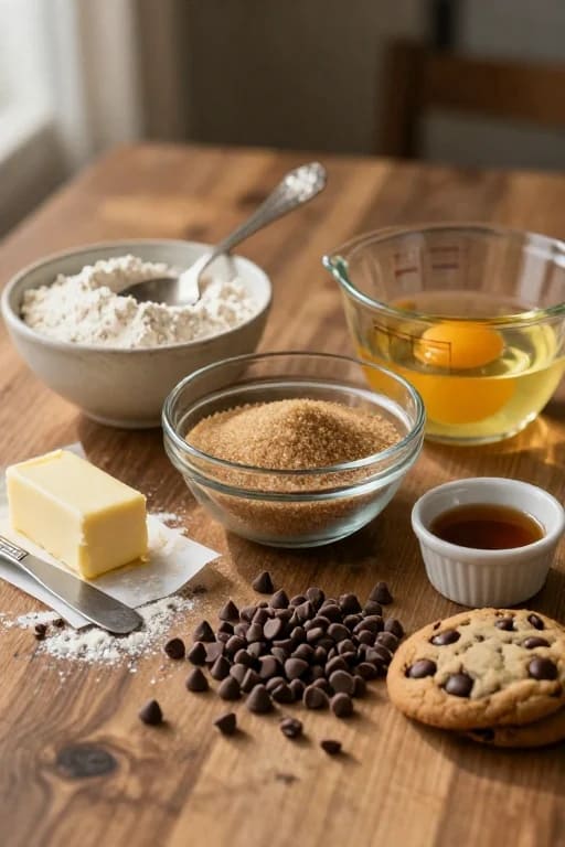 All-purpose flour, brown sugar, eggs, butter, vanilla extract, and semi-sweet chocolate chips for making homemade bakery-style chocolate chip cookies