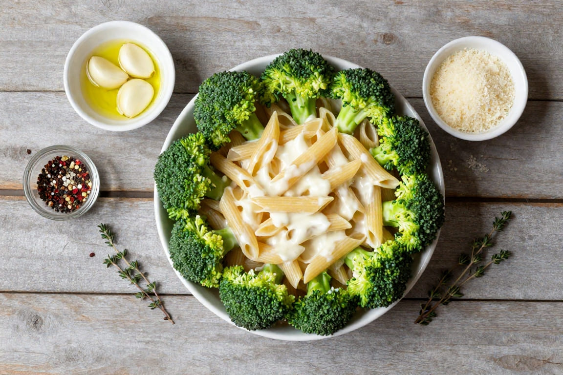 An overhead flat lay photo of ingredients for creamy broccoli pasta, including a white bowl of penne pasta with garlic sauce and fresh broccoli florets, surrounded by small bowls of garlic in olive oil, grated parmesan cheese, peppercorns, and fresh thyme sprigs on a rustic wooden table.