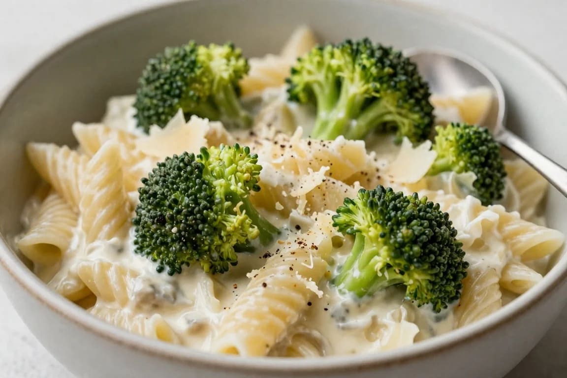 A close-up shot of a rustic bowl filled with creamy garlic parmesan pasta and vibrant green broccoli florets, topped with crushed black pepper and grated cheese.