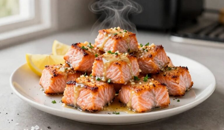 Close-up of perfectly seared crispy air fryer salmon bites stacked on a white plate with garlic butter sauce, parsley, and lemon wedges.